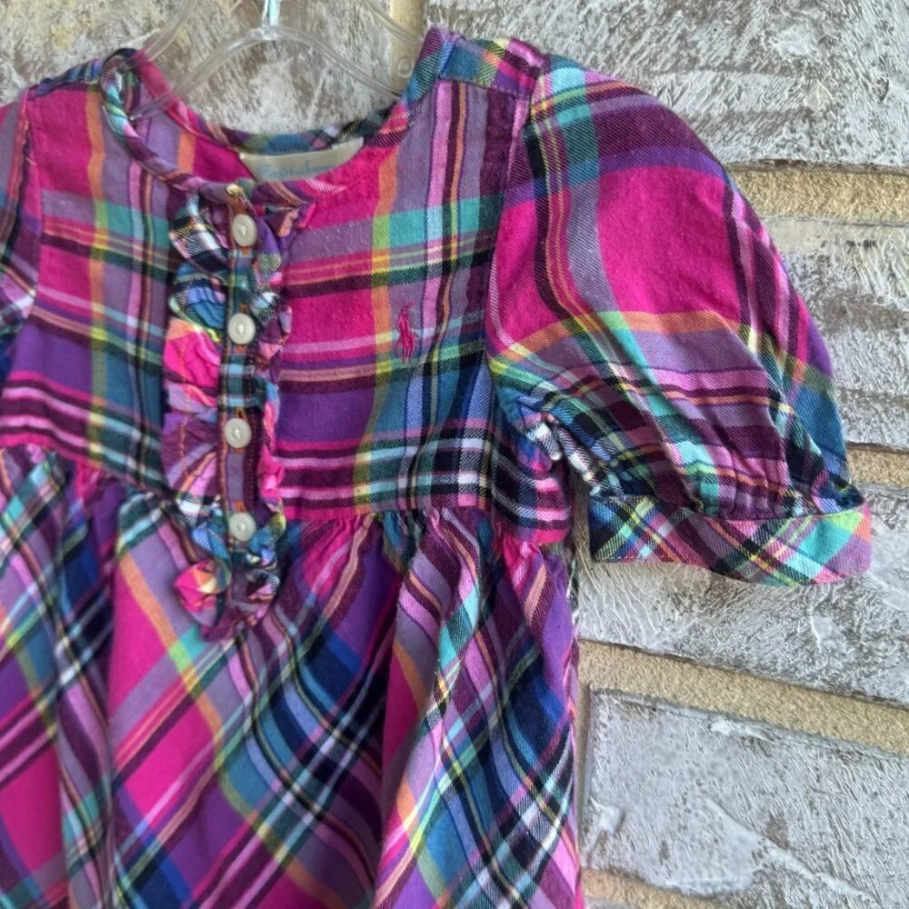Ralph Lauren Short Sleeve Ruffle 4 Button Plaid Shirt Dress Girls Size 12M